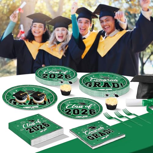 Image of QZYL 200Pcs Graduation Party Supplies, Green Graduation Plates and Napkins, Disposable Grad Dessert Plates and Plastic Forks, Grad Party Decorations for 50 Guests