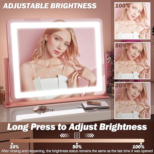 Image of FENNIO Vanity Mirror with Lights 22''x17'' Makeup Mirror,Vanity Mirror Touch Screen with 3-Color Lighting,Dimmable,for Vanity Desk Tabletop(Pink)