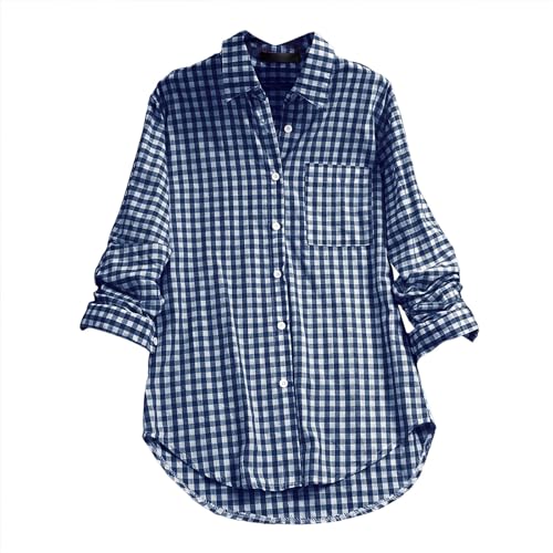 Damen-Polo-Shirt, Weihnachten, 111er-Jahre, kariert, Revers, langärmelig, Vintage-Shirt, Top, Damen, kurzärmelig, Baumwollhemden, dunkelblau, L