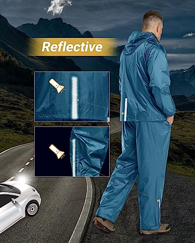 Herren & Damen Regenanzug Reflektierender Wasserdichte Packbare Regenjacke+Regenhose Outdoor gefütterte Regenkleidung Winddichte Regenset Regenkombi für Radfahren Fischen Wandern – Bild 4