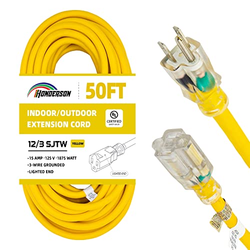 Indoor Outdoor Extension Cord Weatherproof with Lighted End, UL Listed, 12 Gauge 50FT Yellow 3 Prong Heavy Duty, 12/3 SJTW 15A Power Cord for Outdoor Lights, Lawn