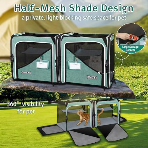2 in 1 Double Cat Car Travel Carrier with Litter Box, Green | 38"Lx17"Wx18"H, With Lockable Zippers, Dual Extra Large, Portable, For Longer Road Trips, For Several Cats - Image 5