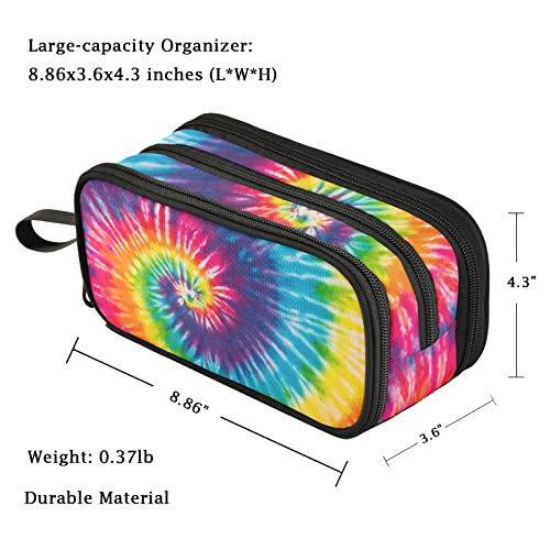 Image of Fustylead Stylish Rainbow Tie-dyed Spiral Print Large Pencil Pen Case Stationery Bag, 3 Compartments School College Office Desk Organizer Storage Pouch Marker for Teen Boys Girls Students