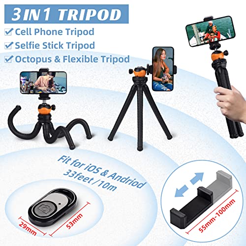 Phosnova Cell Phone Tripod Stand, Portable Flexible Tripod For Iphone With Wireless Remote, Camera Tripod, Double 360°Rotation Adjustable Mini Tripod For Iphone/Android/Gopro/Ipad/Dslr, Orange #TOP4