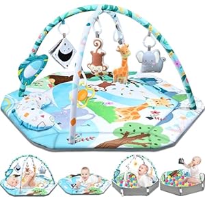 Baby Gym Play Mat, 8-in-1 Tummy Time Mat & Ball Pit with 6 Toys, Washable Baby Activity Play Mat for Visual, Hearing, Sensory, Motor Development, Baby Toys Gift for Toddler Infant 0-3-6-9-12 Months