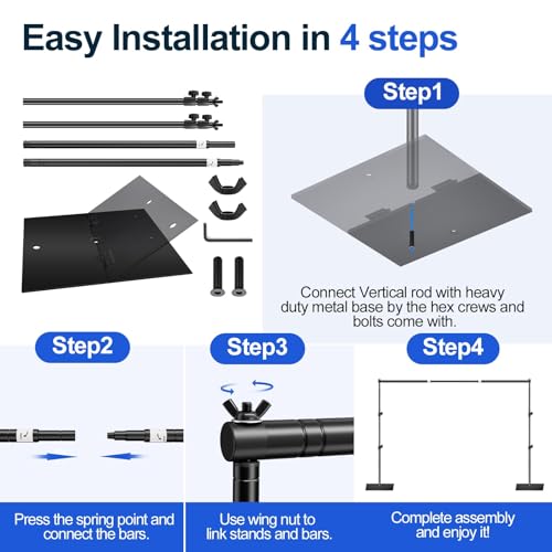 Image of EMART Backdrop Stand, 6.3x10.2 ft Adjustable Photo Background Pipe and Drape Photography Kit with Heavy Duty Metal Base for Parties, Wedding, Video Studio, Birthday - Black