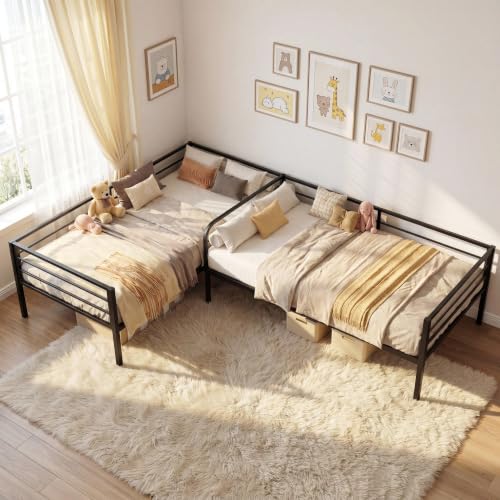 LIKIMIO Twin Corner Bed Frame for 2 L Shaped Bed with Rails Double Twin Bed with Under-Bed Storage Steel Slat Support for Bedroom & Small Apartments Black