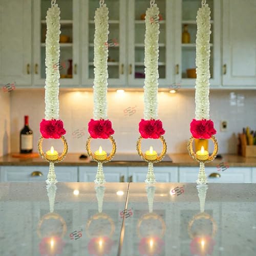 Image of S2S Red Flower Wall Hangings 24 Inch for Home Decoration (Set of 4) | Handmade Diwali Decor Psychedelic Wall & Door Valance Hanging (LED Lights Not Included)