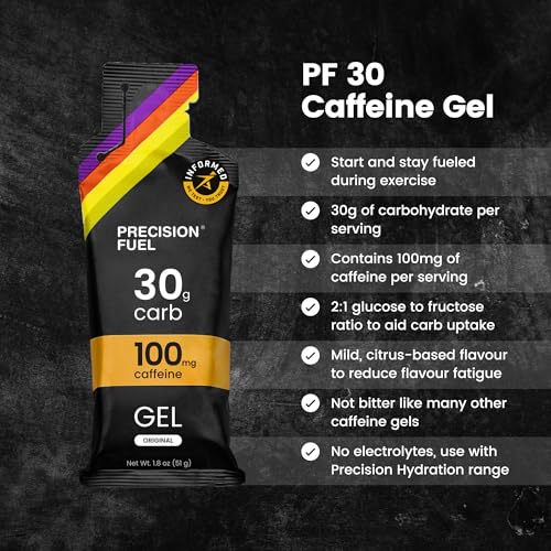Image of Precision Fuel PF30 Caffeine Energy Gel - Mild Flavour Running Gels for Endurance Athletes, 30g Carbohydrate, Easy-to-Digest, Perfect for Running & Long-Duration Sports (Pack of 15)