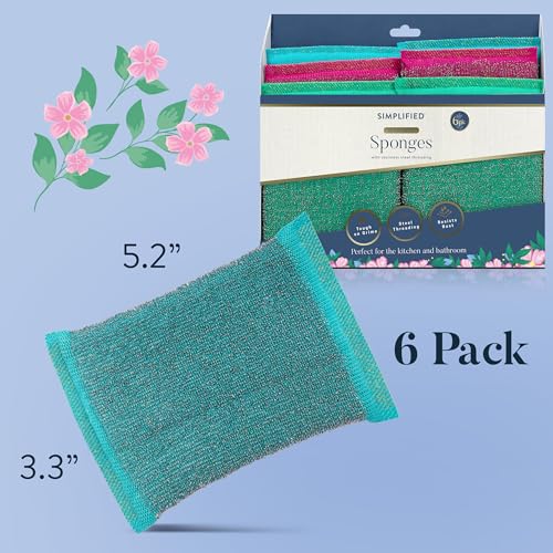 Image of Simplified 6-Pack Steel Scouring Sponges with Rust Resistant Stainless Steel Threading for Home and Kitchen Cleaning Supplies, Heavy Duty Cleaning Sponge for Kitchen & Bathroom, Multicolor