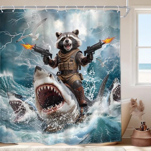 Image of Funny Cool Raccoon Shower Curtain Riding Shark Fun 72Wx72H Inch Decor