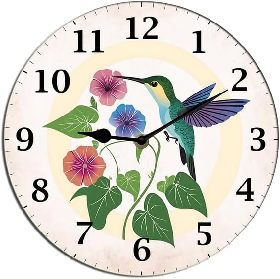 Horienteeon Hummingbird Wall Clock Spring Floral Wood Clocks For Walls Silent Non Ticking Battery Operated Wood Clock For Bedroom Bathroom Living Room Office School Bedroom Round 10"