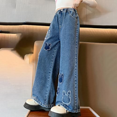 Girls Straight Leg Jeans Baggy Cute Rabbit Raw Hem Denim Pants Wide Leg Elastic Waist Youth Trendy Teen Fall Trouser2