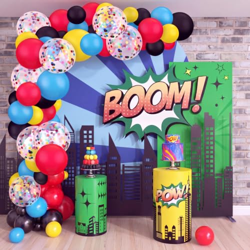 Image of 147 Pieces Hero Theme Balloon Decorations Arch Garland Kit Include Blue Red Yellow Black Balloons with Confetti Balloons and Roll Tape for Kids Birthday Party Supplies