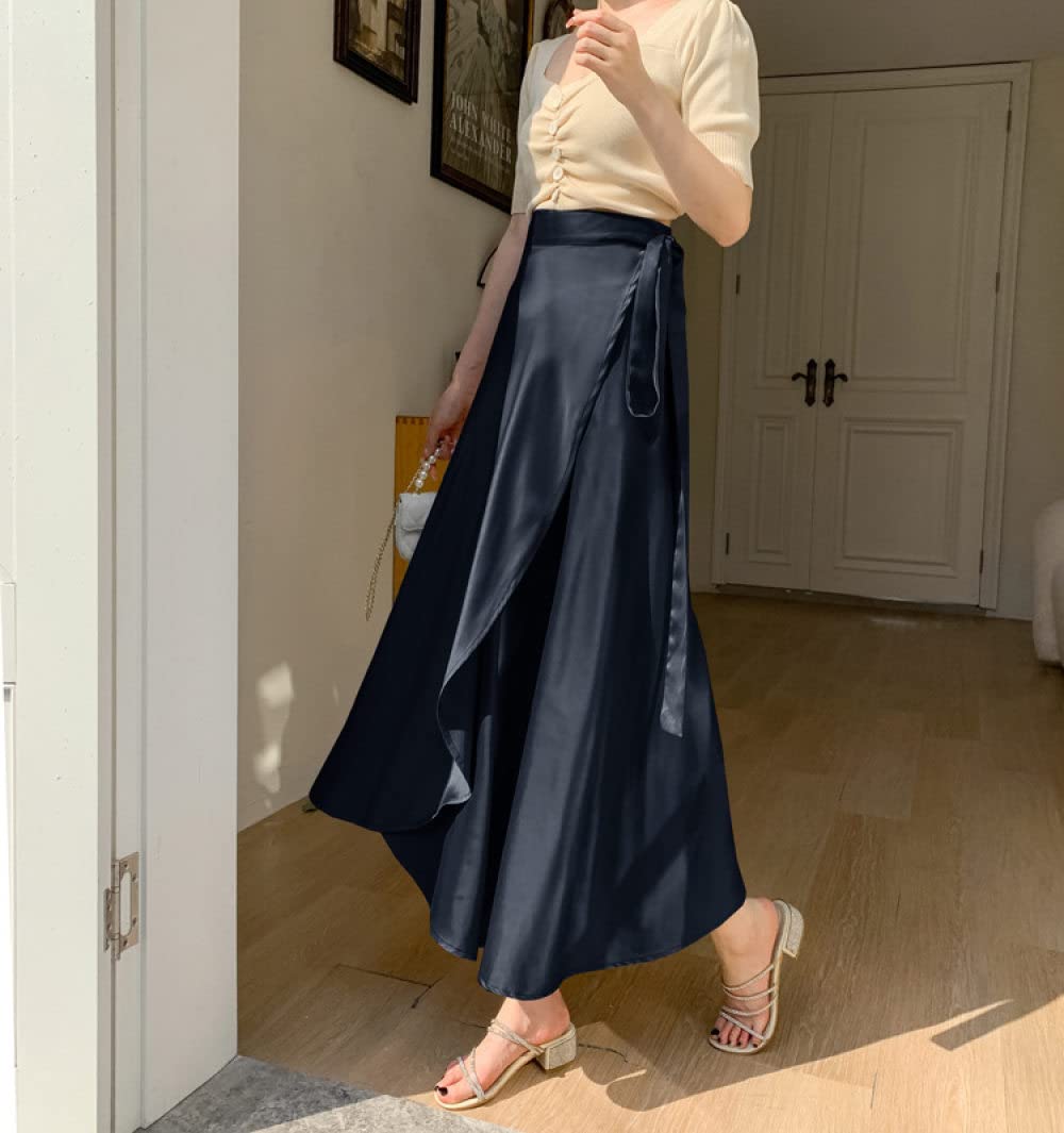 Gonna Donna,Gonne Longuette In Raso Nero Da Donna A Vita Alta Con Lacci Sovrapposti Con Volant Avvolgenti Gonna Estiva Con Spacco Irregolare A Trapezio Altalena Gonne Lunghe Eleganti Arricciate Per