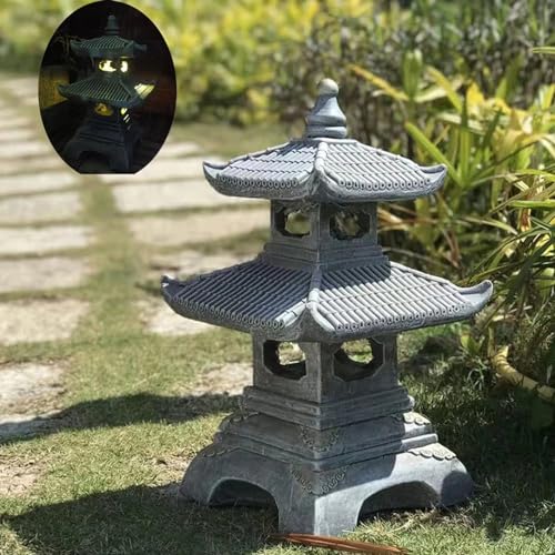 Buokai Solar Outdoor Garden Statue with 2 Tier Pagoda Lantern, Zen Japanese Style for Lawn...