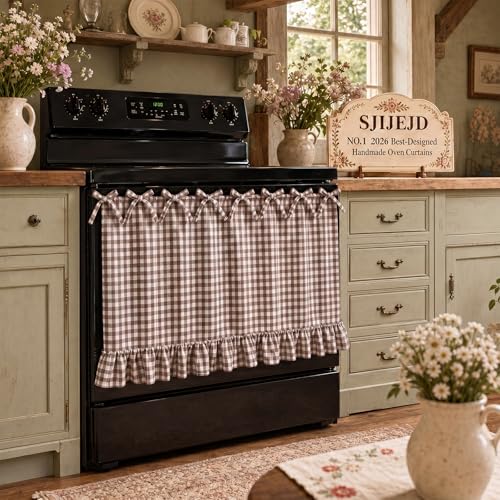 SJIJEJD Handmade Oven Skirt Curtain Dishwasher Hidden Curtain Tie Top Ruffles and Ribbon Heat-Resistant Meadow Skirt Farmhouse for Stove Door Kitchen (Brown)