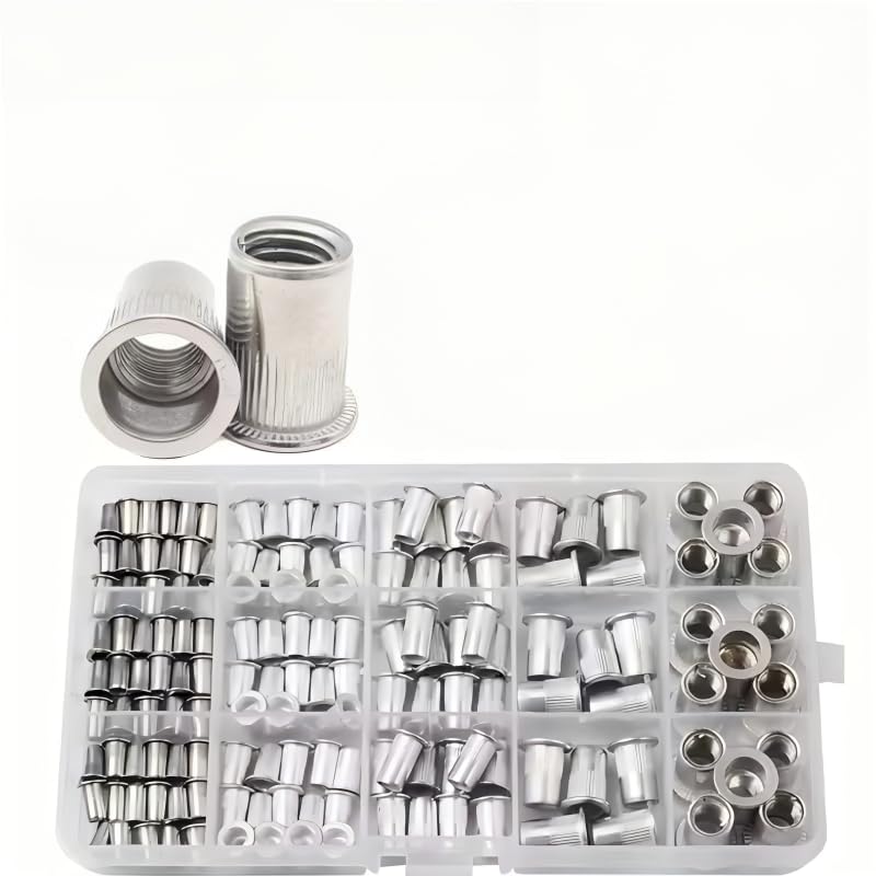 160pcs Rivet Nuts Kit M3/4/5/6/8/10- Durable Knurled Body, High-Strength Aluminum Flat Head, Embedded Rivet Nut, Threaded Insert Nut - Perfect for Automobile Restoration, Furniture Assembly