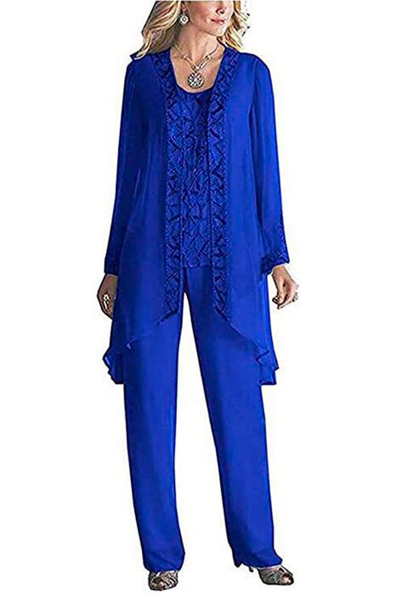 Botong Women's Royal Blue 3 Pieces Chiffon Dress Mother Of The Bride Pants Suits With Beaded Jacket Wedding Outfit Evening Gown Uk16