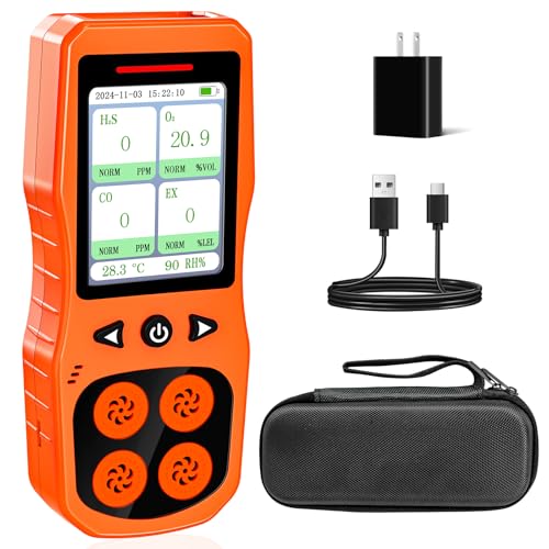 ZYKYCX Portable 4 Gas Monitor Multi Gas Detector for H2S, CO, LEL, and O2 Analyzer, Rechargeable 4 Gas Detector with 3 Type Alerts, 16H Long Battery Life for Industrial & Home, Orange