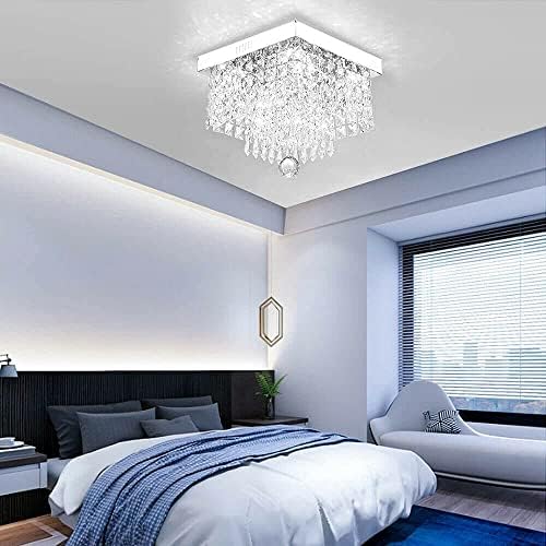 Hallway Crystal LED Chandeliers Modern Square Raindrop Flush Mount Ceiling Light Fixtures Lighting Pendant Lamp for Bedroom,Living Room Closet Foyer W10 (25CM/10 inch, White Light)