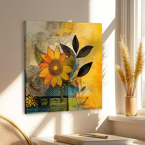 Image of PAINTINGMANTRA Abstract Floral Artwork Stretched Canvas Painting for Living Room | Colorful Flower Canvas Wall Decor Art For Livingroom, Bedroom, Office, Hallways - 22x22 Inch