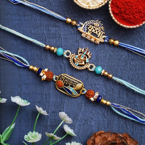 Image of eCraftIndia Set of 3 Mahadev, Krishna, Ganesha Religious Designer Rakhis, Best Bro Ever Fridge Magnet with Roli Chawal Pack - Rakhis for Brother, Bhabhi, Kids