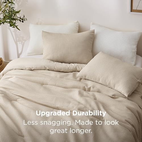 Image of Bedsure Queen Bedding Comforter Set Beige, Waffle Breathable Bedding Set, All Season Comforter with 3 Pieces, 1 Waffle Weave Comforter (90 inchx90 inch) and 2 Pillowcases (20 inchx26 inch)