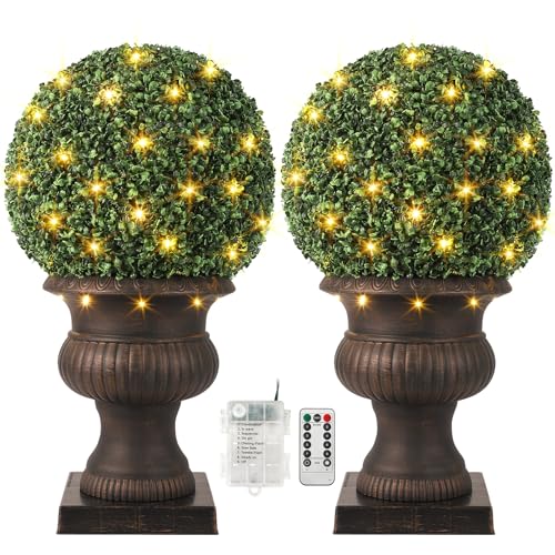 Garvee 2 Pcs 20β Artificial Plant Topiary Ball with Light, All-Year Green Faux Boxwood Decorative Balls for Backyard, Balcony,Garden, Wedding and Home DΓ©cor,Red Urn Base 20inch Red Base 20in