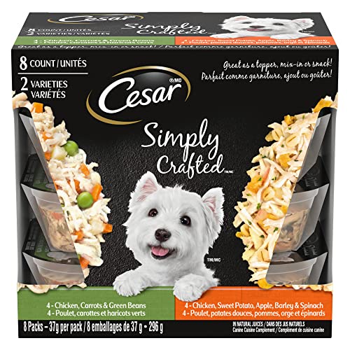 CESAR Simply Crafted Wet Dog Food, Chicken Carrots & Green Beans – Chicken, Sweet Potato, Apple, Barley & Spinach, 8x37g Variety Pack