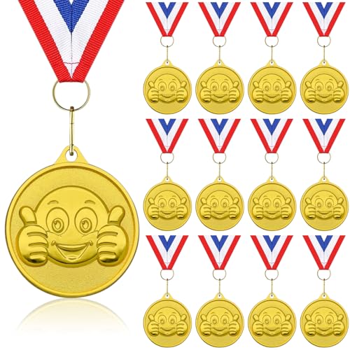 Donrime Medaillen Smiley Kinder, 12 Stück Funny Goldene Daumen Metallmedaillen Siegermedaille mit Medaillenband für Sporttagspreise, Kindergeburtstag, Fußball & TurniereContest, Kinder Erwachsene