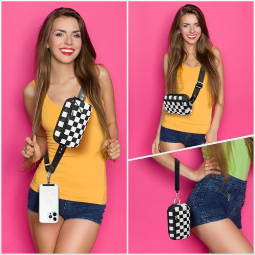 Image of YFWE Clip and Go Strap for Phone with Wallet Crossbody, Adjustable Phone Lanyard with Detachable RFID Wristlet Wallet, Phone Strap with Phone Tabs for All Phones, Black Checkered (L)