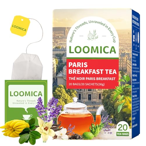 Image of LOOMICA Paris Breakfast Black Tea, Smooth Black Tea Blend with & Natural Lavender, Refreshing Bergamot & Sweet Vanilla, Rich Morning Tea, Perfect with Milk or Honey, No Artificial Sugar Added, 20 Count
