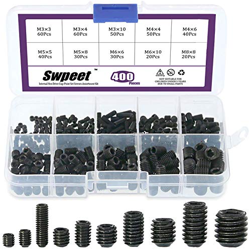 Swpeet 400 pcs Allen Tête Douille hexagonale Vis sans tête Assortiment kit, y compris 10 tailles M3/4/5/6/8 Interne hexagonale Drive Cup-point Lot de vis...