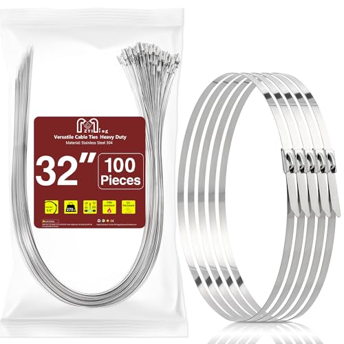 100 Pack Metal Zip Ties 32inch Stainless Steel Cable Ties Heavy Duty Self-locking Wire Ties High Temp Zipties Chain Link fence Ties Multi Purpose Binding
