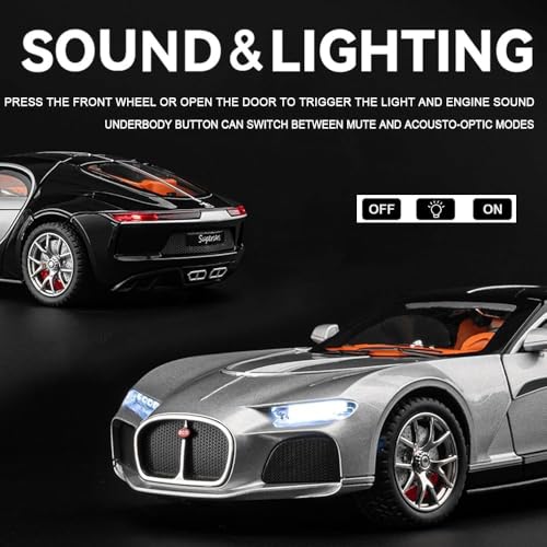 Image of 1:24 Scale Big Bugatti Atlantic Toy Car | Metal Pullback Diecast Car for Kids with Openable Doors, Sound, Light Effects Toy for Car Enthusiasts (Color As Per Available), Silver