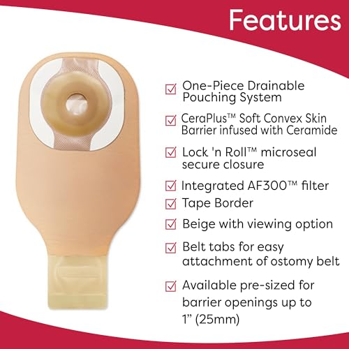 Image of Hollister 8962 CeraPlus Soft Convex 1-Piece 12 inch Drainable Ostomy Pouching System, 5 Pack, Beige with Viewing Option, Pre-Sized 1 inch