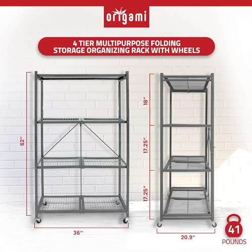 Image of Origami 2-Pack R5 Series Foldable 4-Tier Steel Storage Rack, Pewter - Heavy-Duty Metal Shelving Unit w / Removable Wheels for Laundry Room or Garage - Rolling Organizer for Home, Office & Warehouse