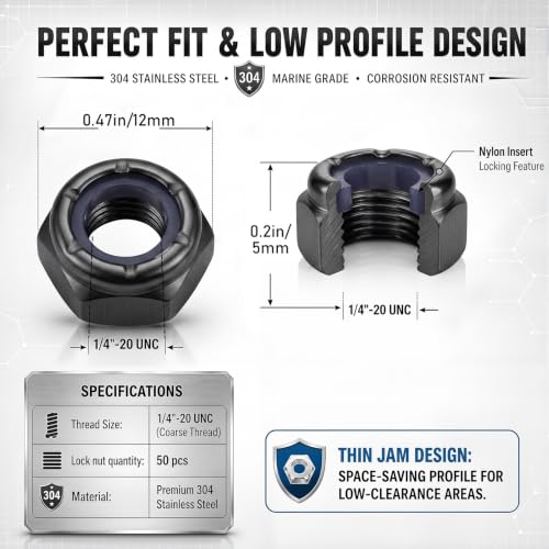 Image of Shimeyao 50 Pack 1 /4-20 Thin Nylon Insert Lock Nuts,Black
