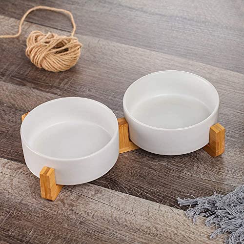 White Ceramic Cat Dog Bowl Dish With Wood Stand No Spill Pet Food Water Feeder Cats Small Dogs Set Of 2 #TOP3