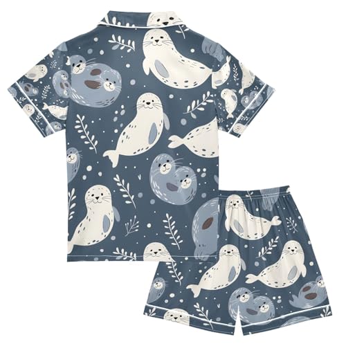 senya Seal and Grass Satin Summer Pajama Sets Silk Short Sleeve Button Down Sleepwear2