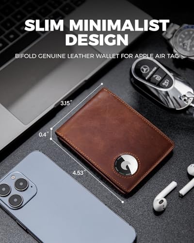 AirTag Wallet- Bifold Full Grain Leather AirTag Wallet for Men, Minimalist Front Pocket Wallet with Airtag Holder, RFID Blocking, 12 Card Capacity Gift for Men(Vintage Brown)4