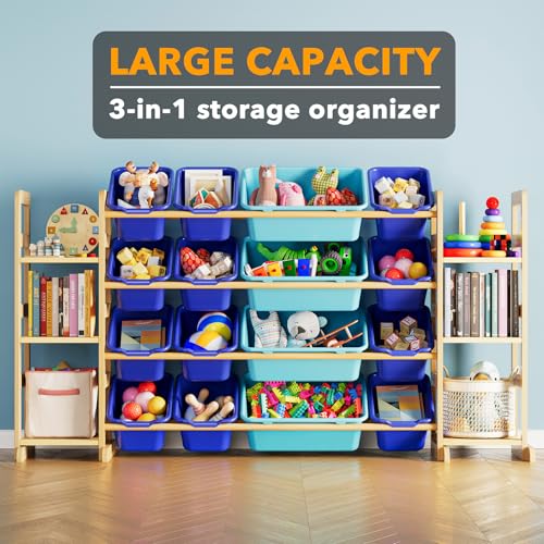 Image of SpaceAid Toy Storage Organizer with 6 Shelves and 16 Bins, Toy Organizers Storage Bookshelf, Kids Bin Shelf Toys Box Bookcase for Bedroom Playroom Organization Room Decor, Blue and Navy Blue
