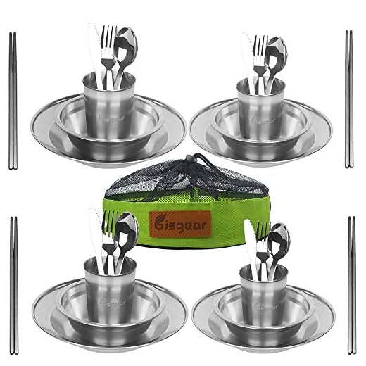 Bisgear Stainless Steel Tableware Mess Kit Includes Plate Bowl Cup Spoon Fork Knife Chopsticks & Mesh Travel Bag for Backpacking & Camping for 4 Person