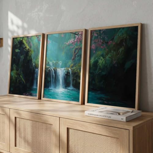 Image of kotart Abstract Nature Art Framed Paintings | Big Aesthetic Waterfall View Painting | Vastu Frames for Bedroom Living Room Wall Decor Set Of 3 (14x20 Inch)