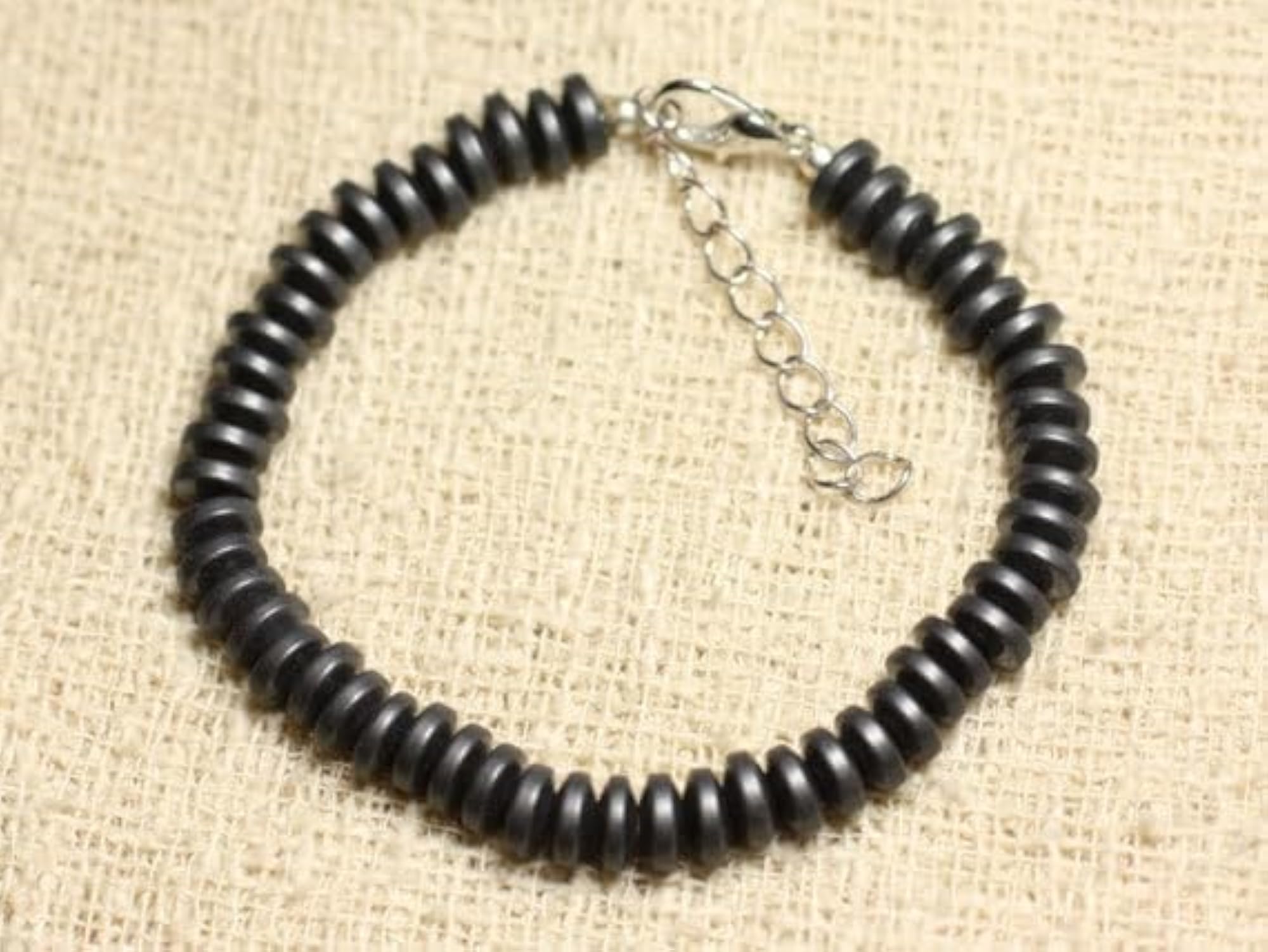 Hematite Rondelle Beaded Bracelet with Silver Lock, Adjustable