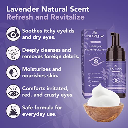 NOVEHA Lavender and Tea Tree Oil Eyelid Foaming Cleanser | Hydrating Hypoallergenic Daily Soap For Eyelashes and Lids, For Demodex, MGD, Stye Eye, Eye Irritations & Dry Skin | 3.38 fl oz (100ml) - Thumbnail 2