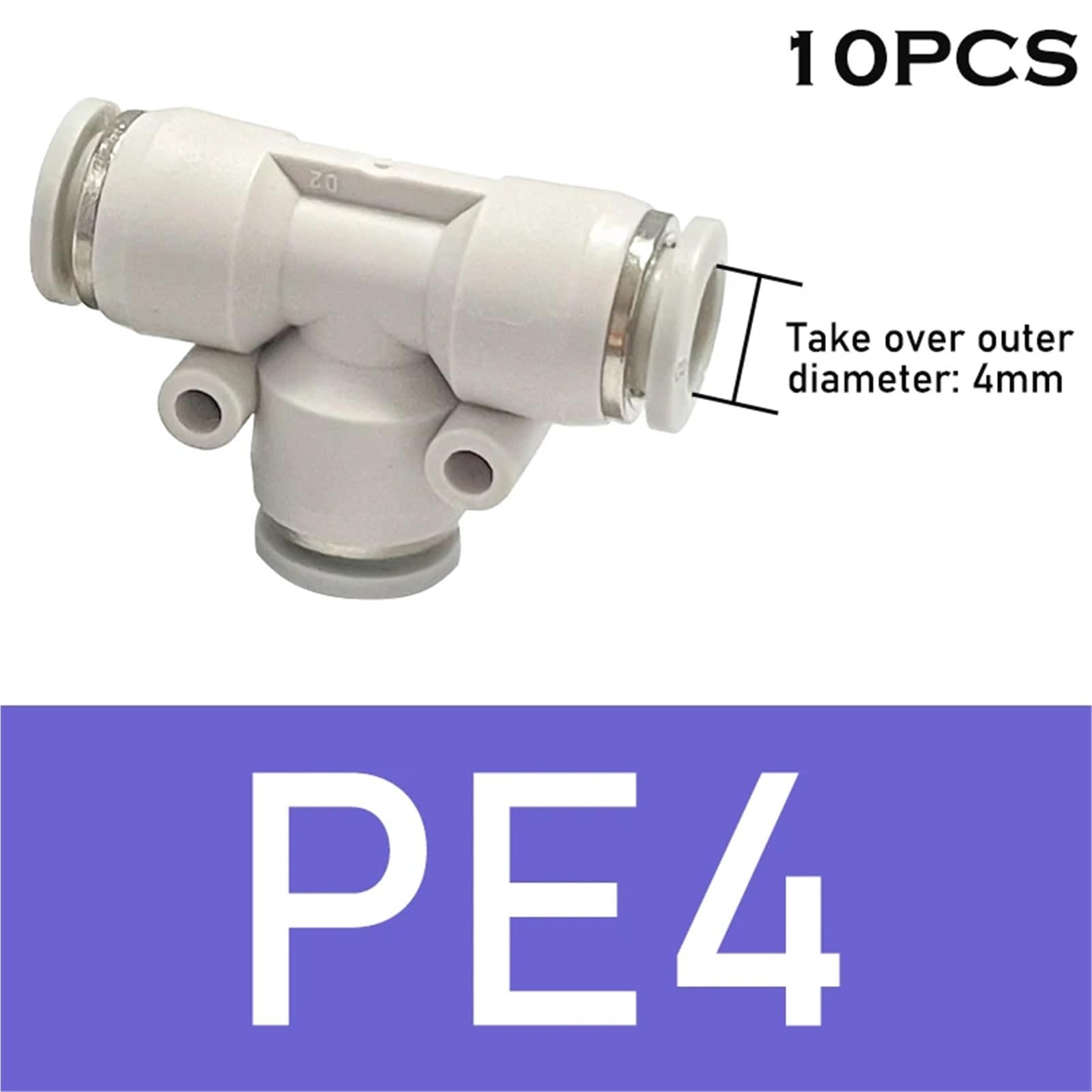 Pneumatyczne złącze tchawicy PU typu T, białe trójdrożne szybkozłączki do cylindrów PE4-6-8-10-12(Pe4 (10pcs))