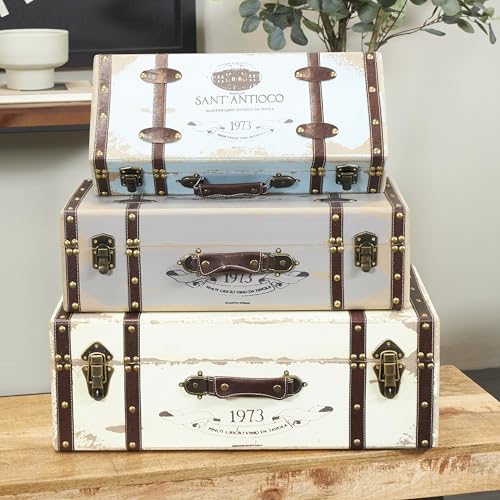 Image of Deco 79 Wooden Decorative Trunk Nesting Decorative Large Boxes with Vintage Accents and Studs, Set of 3 Storage Trunks 23 inch, 21 inch, 18 inchW, Multi Colored