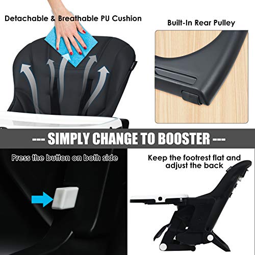 Infans 4 In 1 High Chair–Booster Seat, Convertible Highchair W/Adjustable Height And Recline, Removable Tray, Detachable Cushion, Installation-Free, Simple Fold For Baby, Infant & Toddler, Black #TOP5